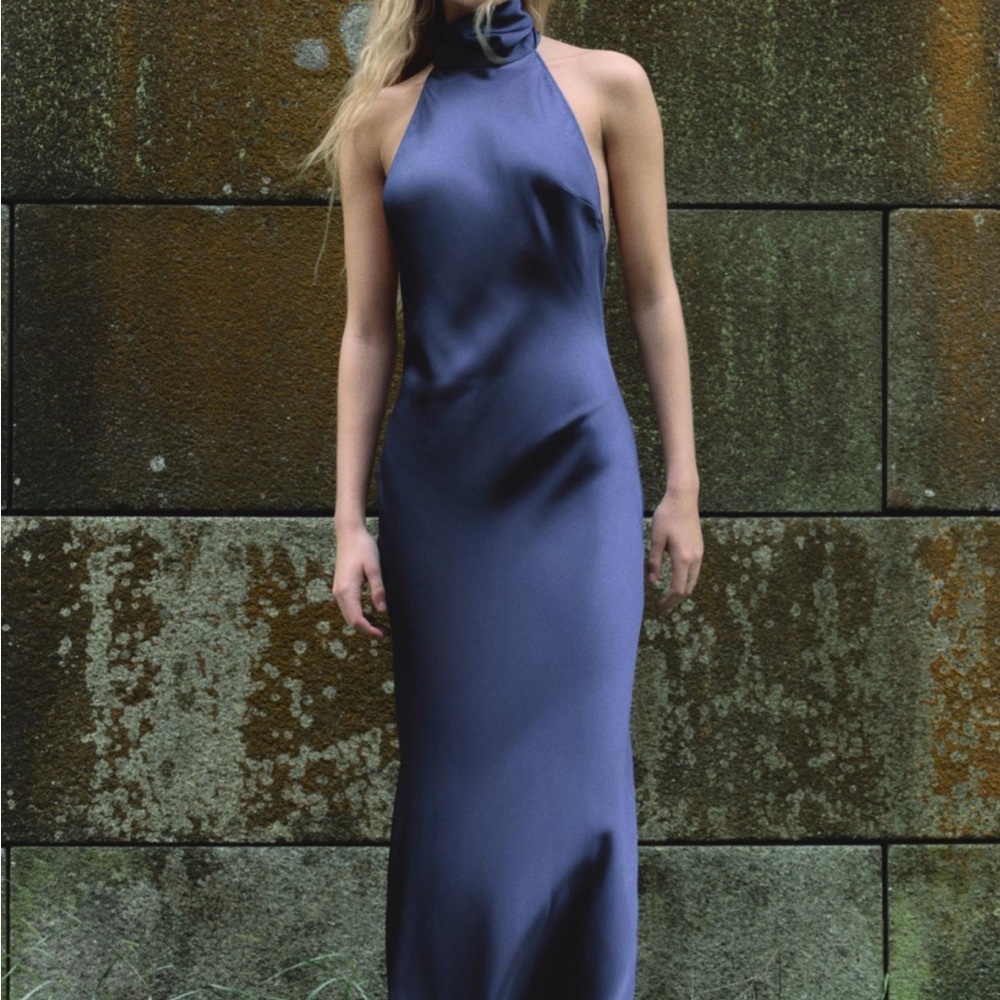 Zara Navy Blue Backless Halter Satin Gown